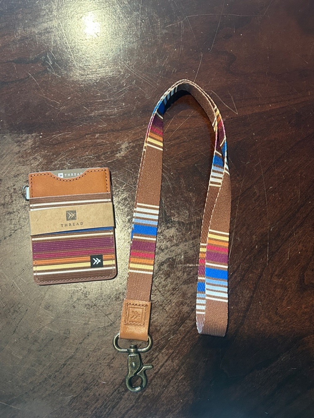 Thread Brown Multicolor Stripe Card Holder with Matching Lanyard